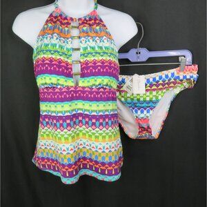 2 Bamboo  Tankini Swimsuit  10 Bright Halter Bikini Bottoms Soft Cup Plunge